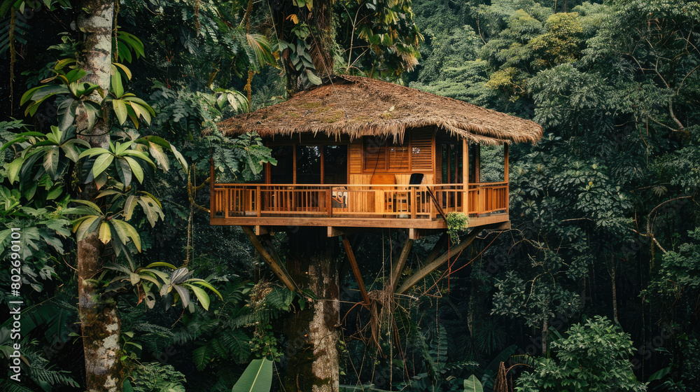 wooden house hanging on a tree and nestled in the middle of a tropical forest