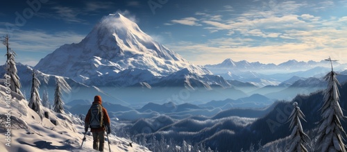 Hiker in winter mountains. Panoramic view of snowy mountains. Mountain Explorer in Winter