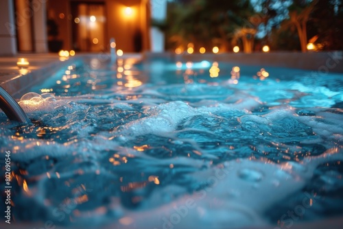 A large luxurious pool with lights and foam in the evening. Preparing for a foam pool party.