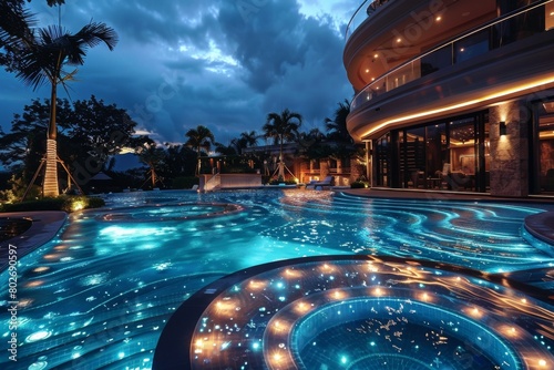 A large luxurious pool with lights and foam in the evening. Preparing for a foam pool party. © Uliana