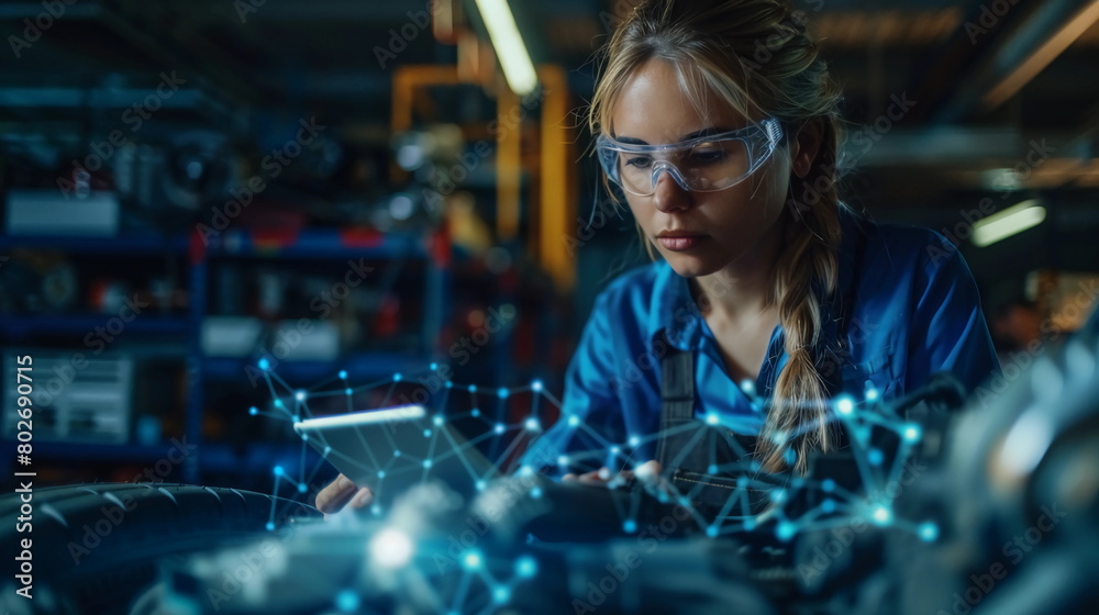 Female car mechanic use technology on tablet for repair vehicle