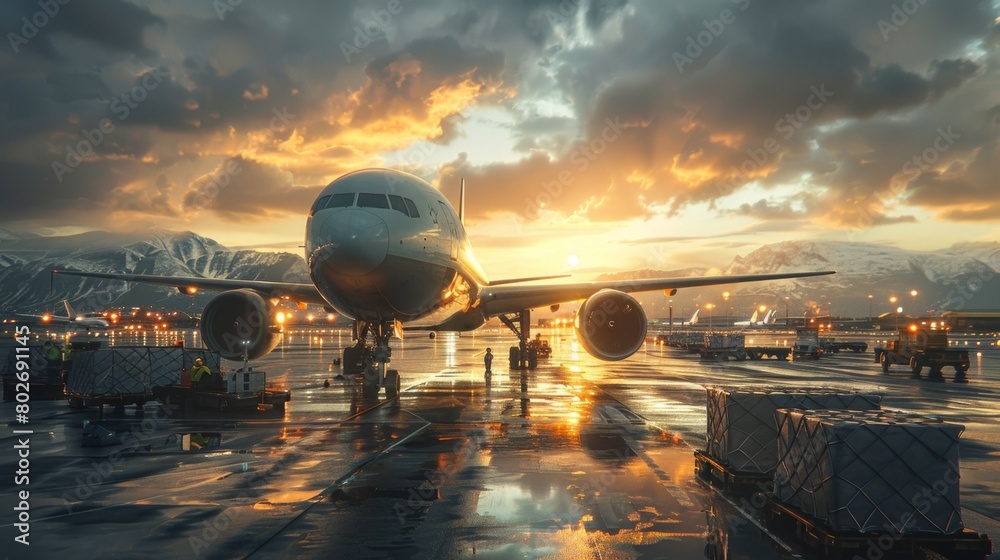 the cargo plane's smooth landing and the subsequent unloading of cargo onto airport tarmac, with ground crew and equipment against the natural scenery of the destination airport
