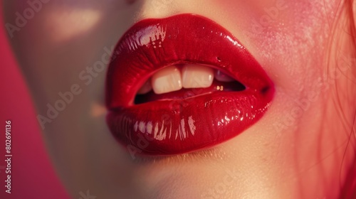 Sensual pink lipstick beauty: close-up of young woman's lips with glossy lipgloss, macro photography, natural sensuality and tenderness