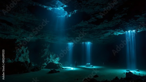 The experience of exploring an underwater cavern illuminated by bioluminescent creatures ai_generated © Haroon