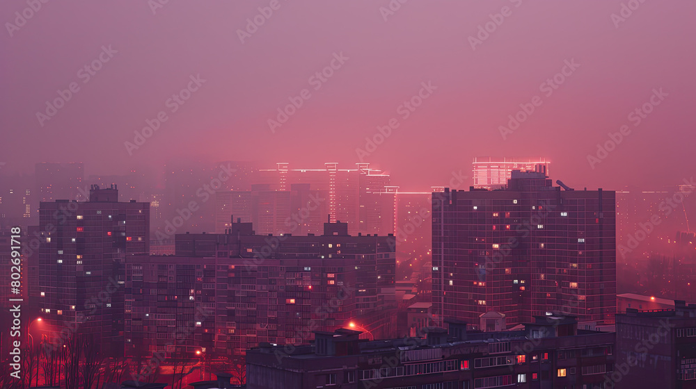 modern buildings,outdoors,scenery,the pink of the settlement,misty, a hazy glow