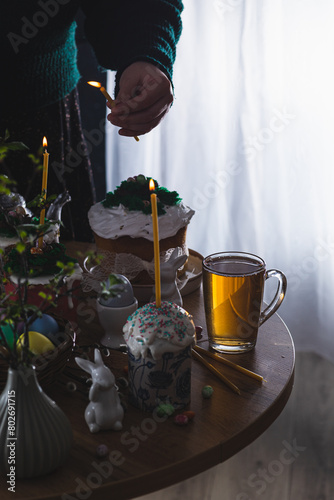 Easter cakes on the table with poured tea