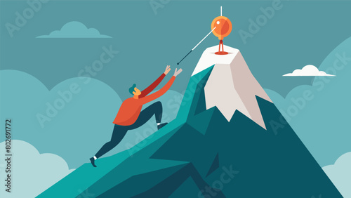 A person climbing a mountain with each step becoming more difficult and painful but as they reach the peak a hand holding a ketamine infusion appears.