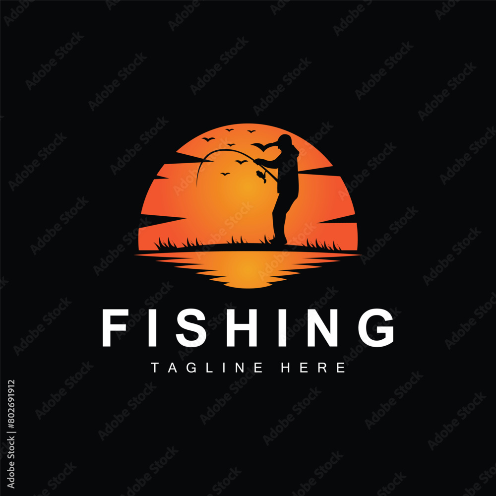 fishing logo icon vector, catch fish on the boat, outdoor sunset silhouette design