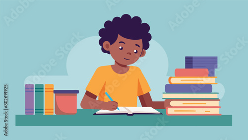 A child sitting at a desk engrossed in writing their essay with a stack of books on Juneteenth history by their side determined to accurately portray. Vector illustration