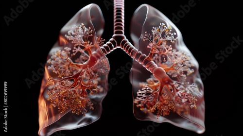 3D rendering image depicting lung compliance, the ability of the lungs to expand and recoil during breathing, influenced by factors such as elasticity and surface tension