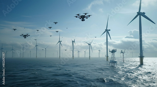 Offshore wind turbines are lined up at 100m intervals, a large number of drones flying overhead photo