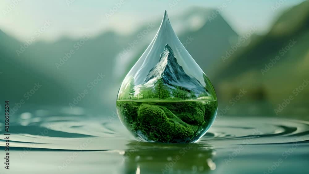 3D render of a glass water drop with a mountain inside. On its surface is moss and greenery. 3D render of a glass water drop with a mountain inside. On its surface is moss and greenery.