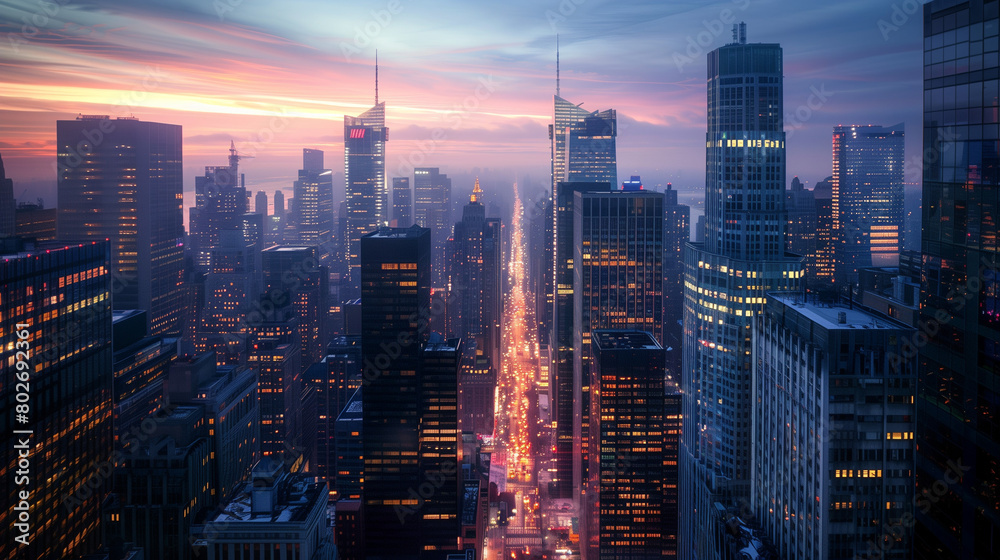 Obraz premium Financial District of Major City at Dawn, Long Exposure, High Dynamic Range, Stunning Cityscape with Skyscrapers and Vibrant Sunrise