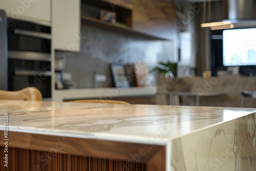 Close up photo of contemporary kitchen island with marble table top with kitchen blurry loose focal background - generative ai