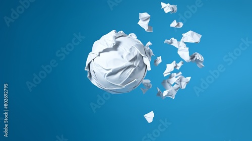 An action shot of a crumpled paper ball midtoss towards a waste bin set against a solid blue background to emphasize motion and simplicity in office settings photo