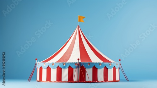 Colorful origami circus tent crafted with vibrant red and white stripes set against a solid light blue background evoking a fun and festive atmosphere