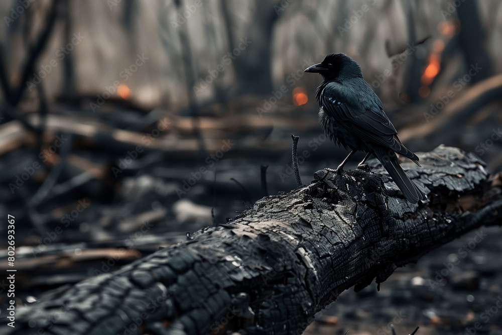 Naklejka premium A bird sitting on top of charred wood, surrounded burnt trees and debris, Generative AI