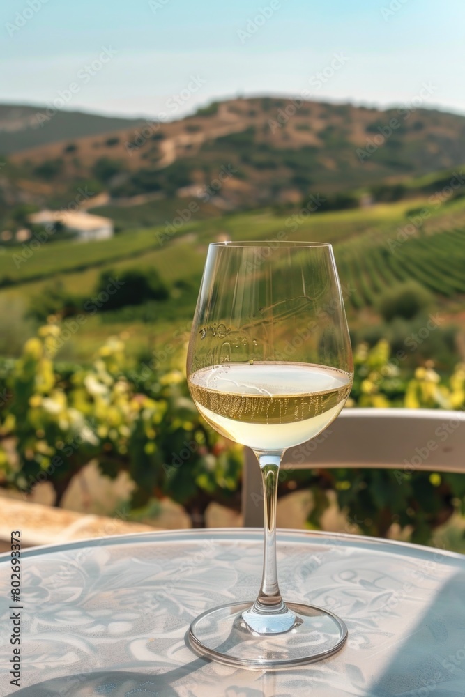 Glass of white wine is sitting on table in front of beautiful vineyard Glass of white wine is sitting on table in front of beautiful vineyard