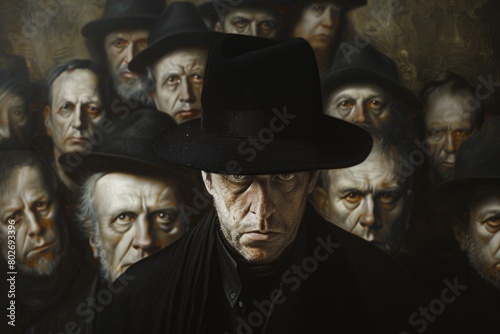 Man in black hat stands in front of group of people