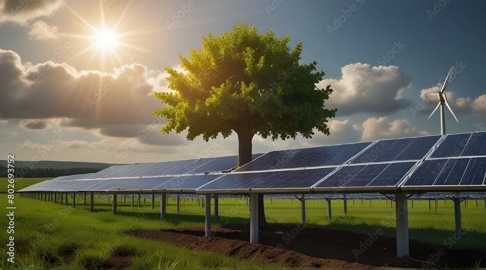 Fototapeta premium A young, vibrant tree sprouting from the center of a field of solar panels.generative.ai