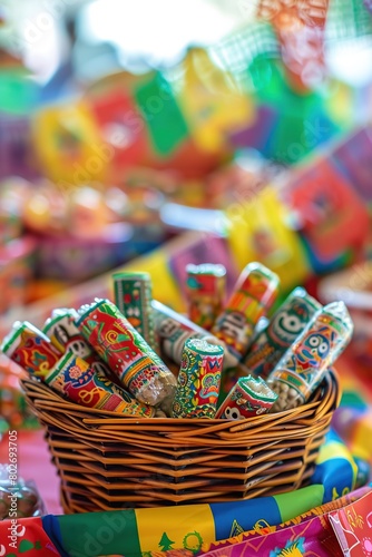 Basket of colorful candy for sale in a mexican market. Cinco de mayo.