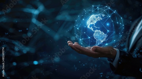 A businessman s hand displays a holographic globe against a dark blue backdrop  symbolizing global connectivity and digital transformation