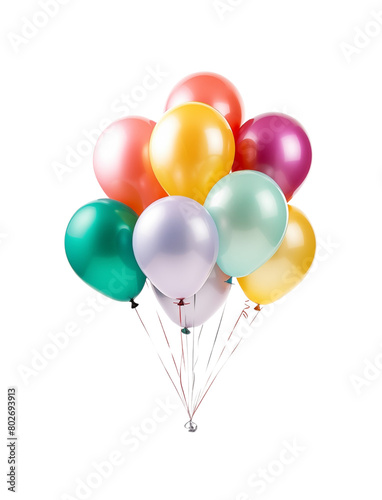 A vibrant collection of colorful balloons with glossy textures, tied together, floating joyfully. Generative AI