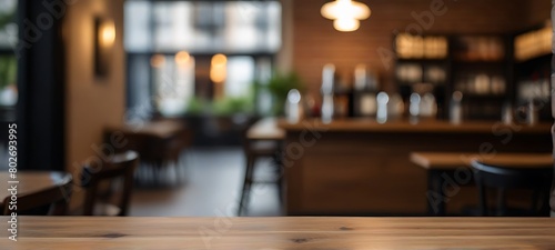 Wooden board empty table in front of blurred background. Perspective brown wood over blur in coffee shop
