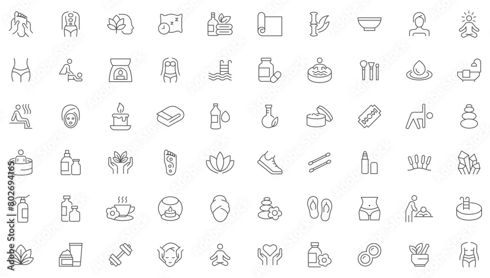 wellness, wellbeing, mental health, healthcare, cosmetics, spa, medical. Outline icon collection. Editable stroke. Vector illustration