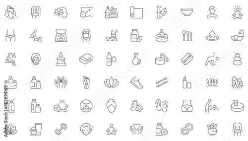 wellness, wellbeing, mental health, healthcare, cosmetics, spa, medical. Outline icon collection. Editable stroke. Vector illustration