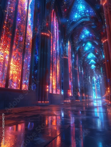 The image is a CGI rendering of a cathedral interior. The walls and floor are made of glass and the light is shining through, creating a colorful and vibrant scene.