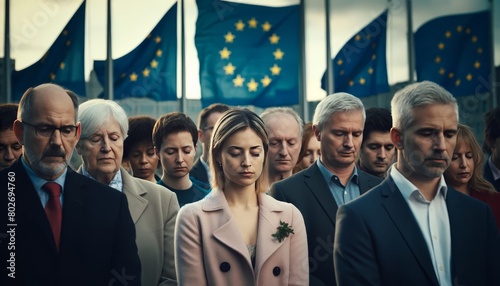 A solemn moment of silence observed by people of different nationalities, with the EU flag at half-mast in the background for a commemorative event. photo