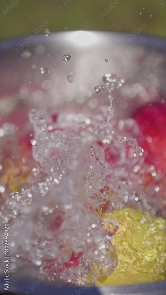 vertical close up of fresh organic mango tropical fruit falling in to clean water vertical close up of fresh organic mango tropical fruit falling in to clean water