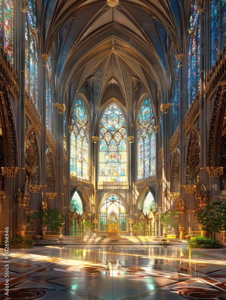 The image is of the interior of a Gothic cathedral
