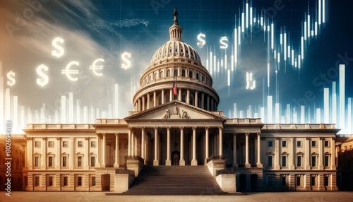 Capitol Building with a forex chart overlaid, symbolizing legislation affecting international trade and currency markets. photo