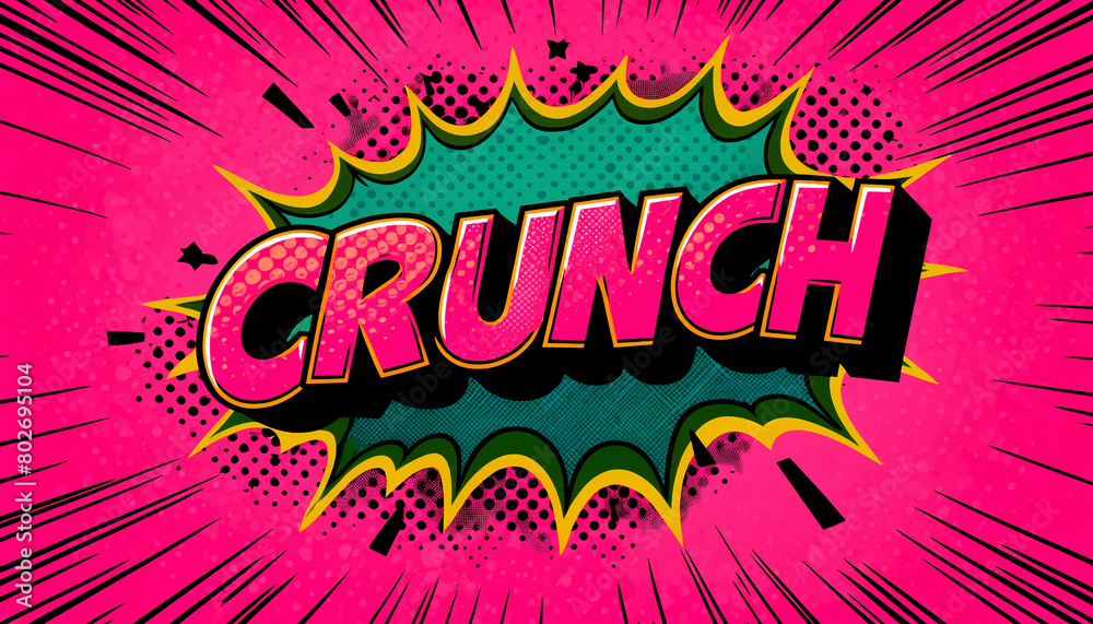 Fototapeta premium A vibrant bubble gum pink pop art comic book background with the word 'CRUNCH' wallpaper background