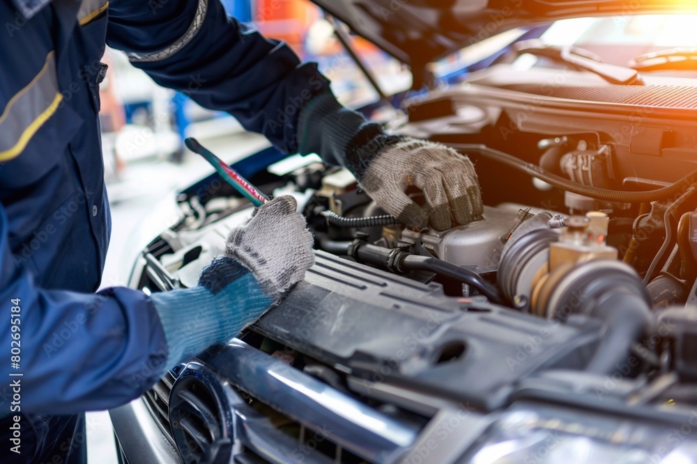 Technician is inspecting engine system, car radiator and engine cooling system. Technician is inspecting engine system, car radiator and engine cooling system.