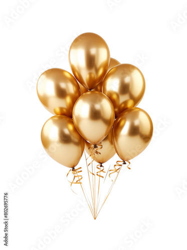 Glossy golden balloons bundled together with strings, symbolizing celebration, on a transparent background. Generative AI
