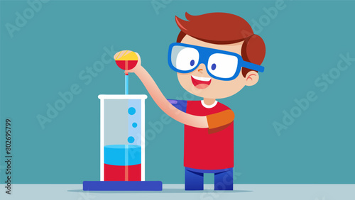 A child wearing safety goggles carefully pours layers of colored liquid into a tall glass creating a vibrant red white and blue density tower.. Vector illustration