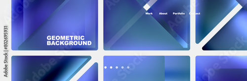 A collection of azure geometric backgrounds with white parallel lines, displaying triangles and rectangles in electric blue. Symmetrical patterns resembling the sky on a display device