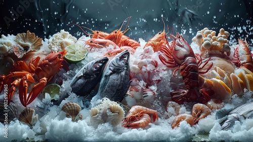 A stunning real-photo shot showcasing the natural bounty of frozen seafood, prepared to meet international export standards