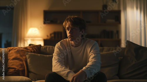 A sad young man in a white sweatshirt sitting on the couch