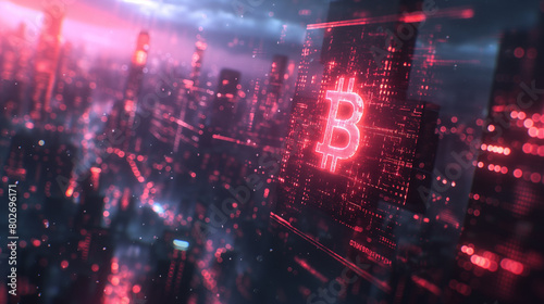 digital cityscape with a glowing bitcoin symbol
