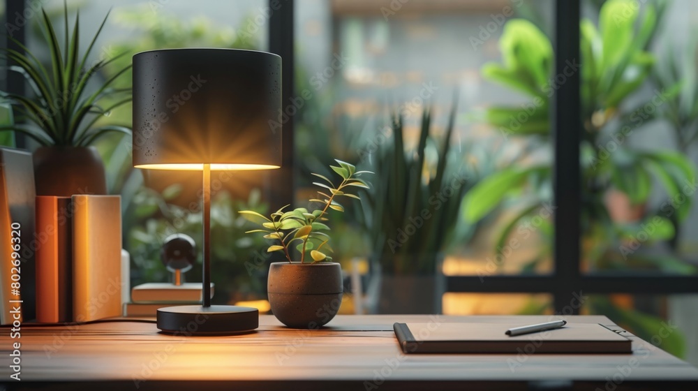 Office Essentials A stylish desk lamp and notebook, enhancing productivity and ambiance in a workspace Office Essentials A stylish desk lamp and notebook, enhancing productivity and ambiance in a workspace