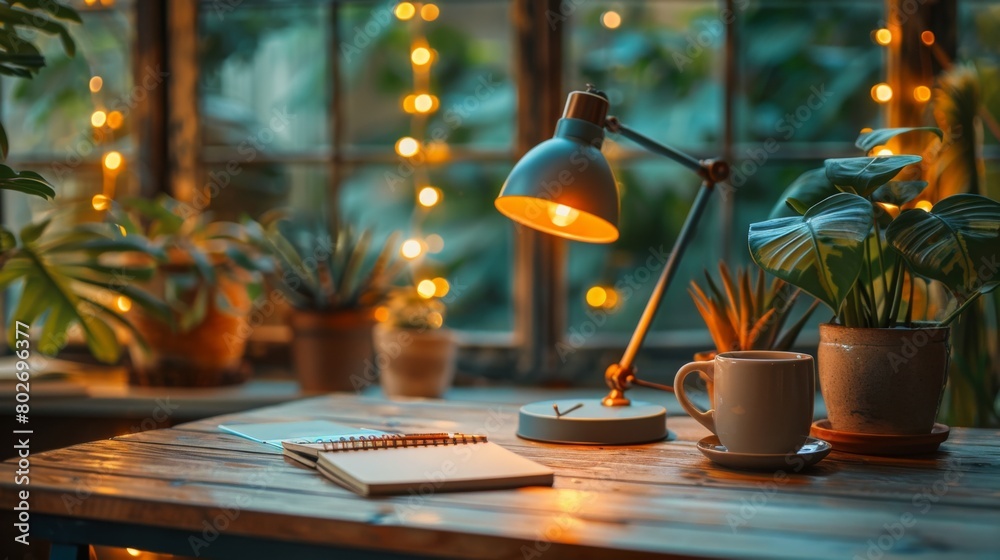 Office Essentials A stylish desk lamp and notebook, enhancing productivity and ambiance in a workspace Office Essentials A stylish desk lamp and notebook, enhancing productivity and ambiance in a workspace