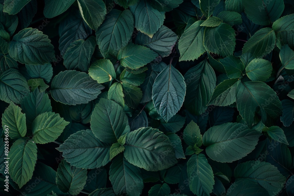 Abstract texture of green leaves against a dark nature background