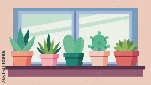 The windowsill is decorated with a row of succulents in pastelcolored pots bringing a touch of nature into the room..