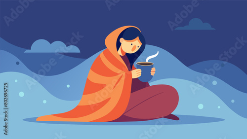A person curled up in a comfortable blanket opening up to a the while sipping on a cup of hot tea.. Vector illustration