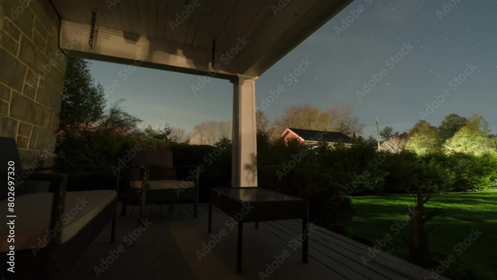House Porch View Of Stars Moving Through Night Sky, Tilting Timelapse House Porch View Of Stars Moving Through Night Sky, Tilting Timelapse