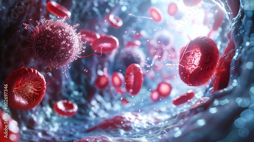 3D rendering image illustrating the role of red blood cells in oxygen transport, including binding of oxygen to hemoglobin and delivery to tissues throughout the body photo